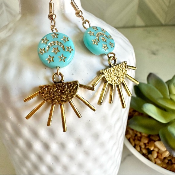 2/$30🌵 Gold Sun Turquoise Stone Crescent Moon Stars Earrings Bohemian Gift NEW - Picture 4 of 9